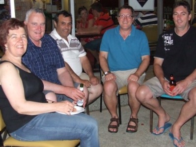 *It's relaxing outside: L-R Vicki and Richard Cooney, Bob Sciacchitano, Peter Golding and Jim McKenzie.